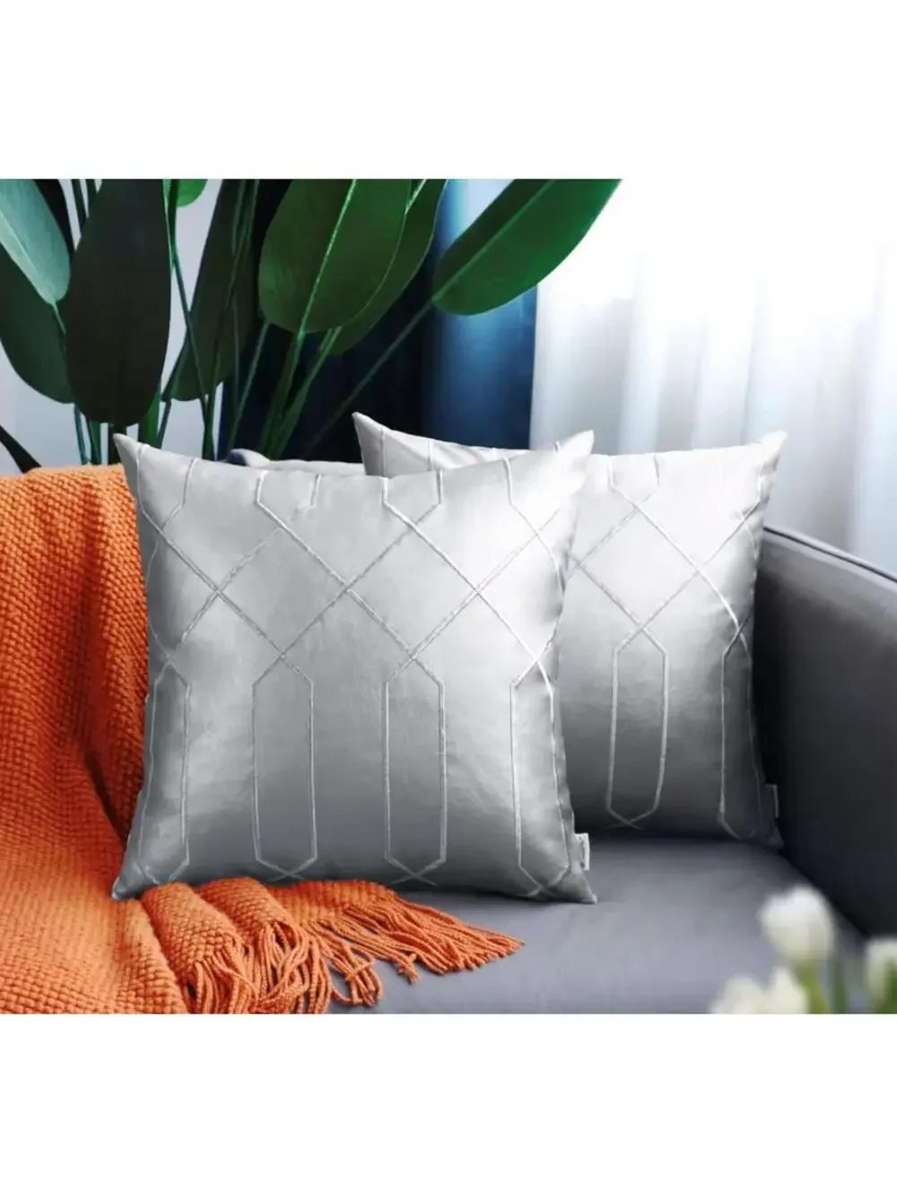 BRAWARM Faux Leather Pillow Covers 22 X 22 Inches, Silver Leather Pillow Covers